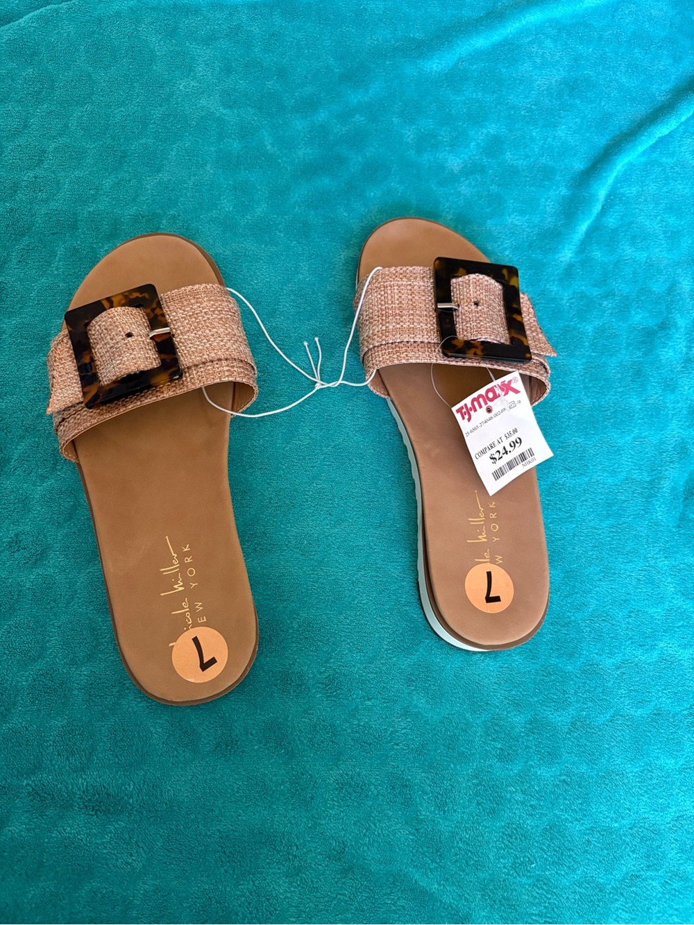 Nicole Miller Tan Woven Slide Sandals with Tortoiseshell Buckle